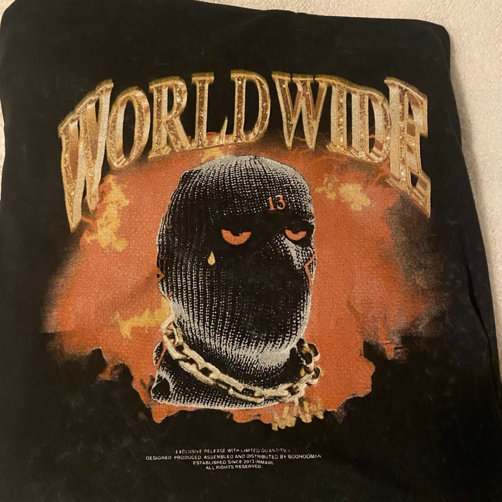 Boohoo Black Hoodie with Bold Worldwide Graphic